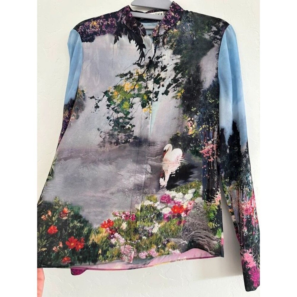 Alice + Olivia Vina Swan Lake Silk Blouse XS Art to Wear Dreamscape Garden